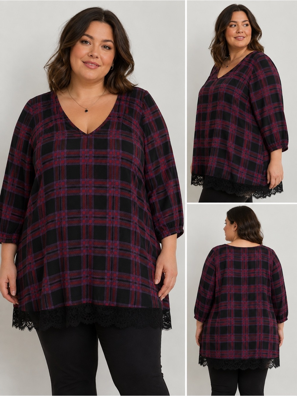 Massini Plaid Sheer Tunic Blouse Black Lace Trim Size 2X EUC